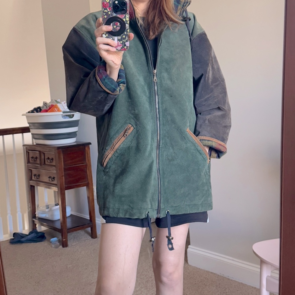 Vintage Leather Colorblock Plaid Flannel Hooded Coat